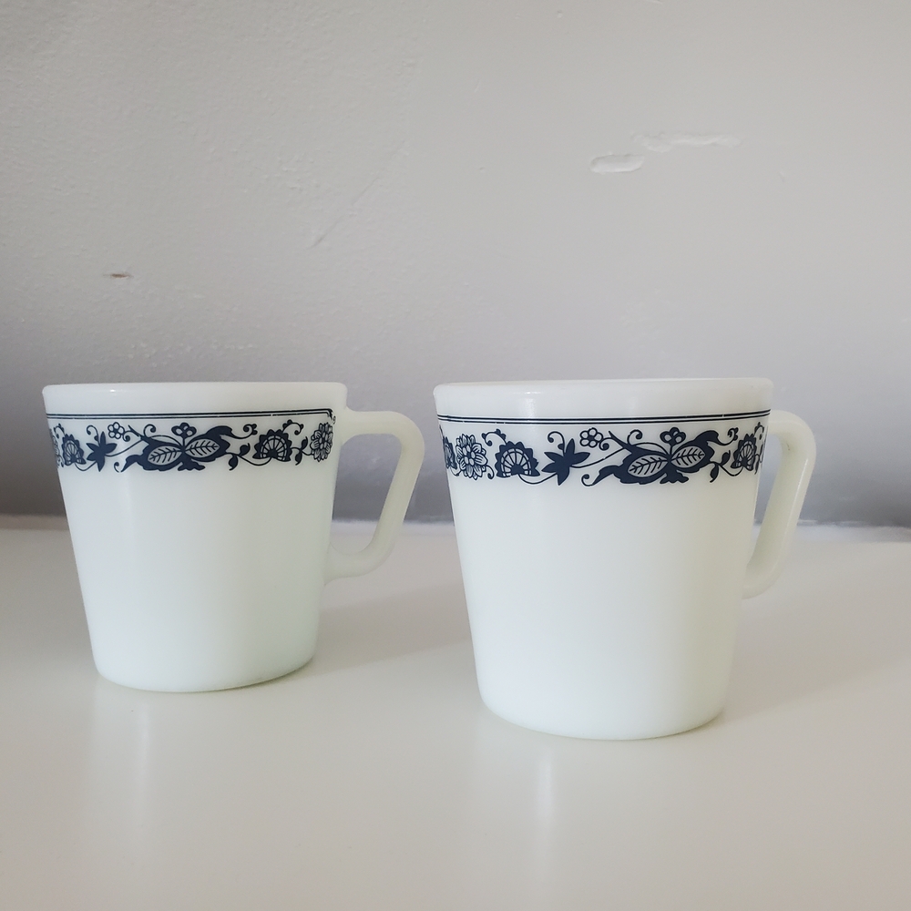 Pyrex White Mugs with Blue Floral Design